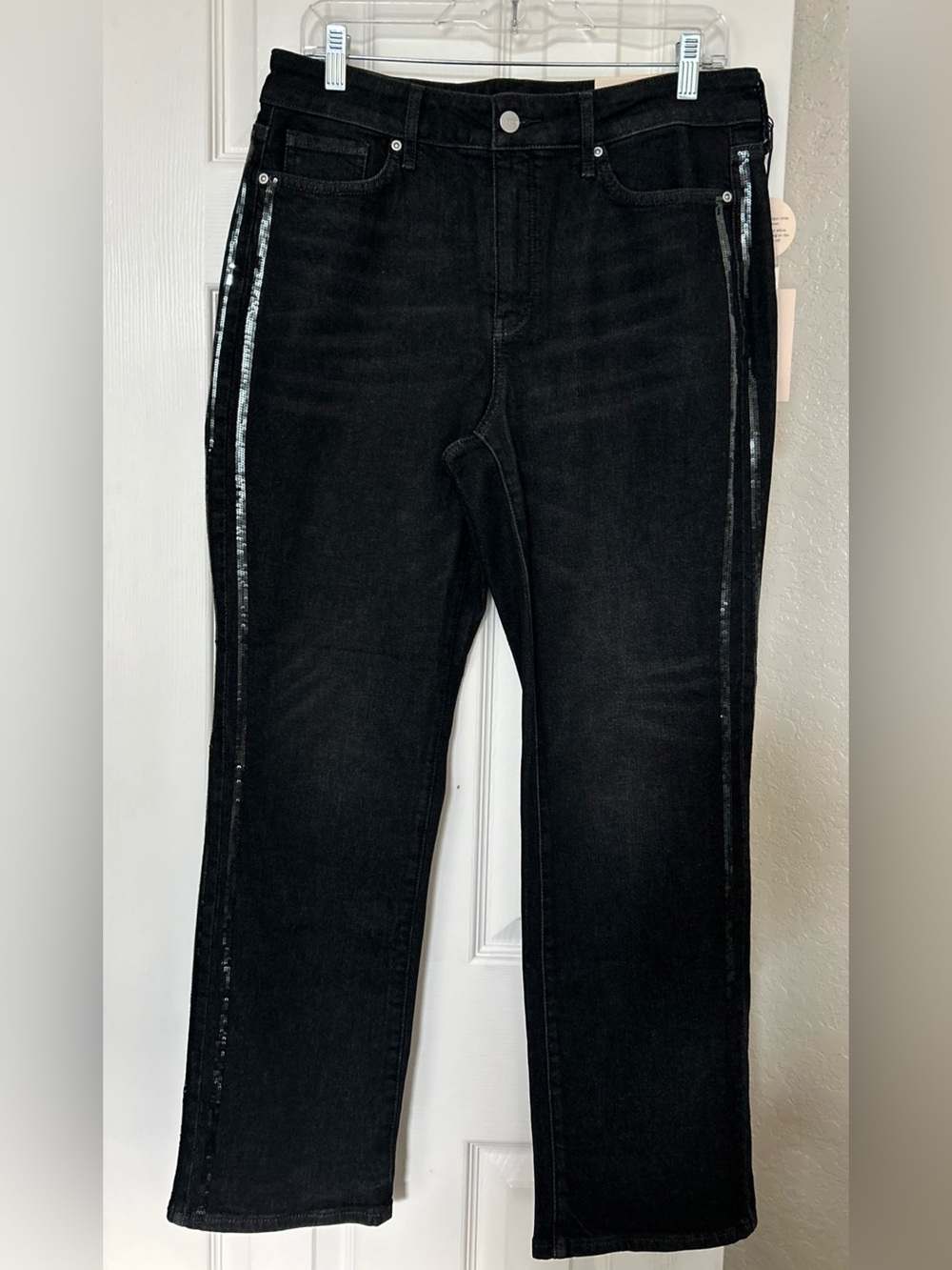 NYDJ Black Straight-Leg Jeans with Metallic Sequin Side Stripe